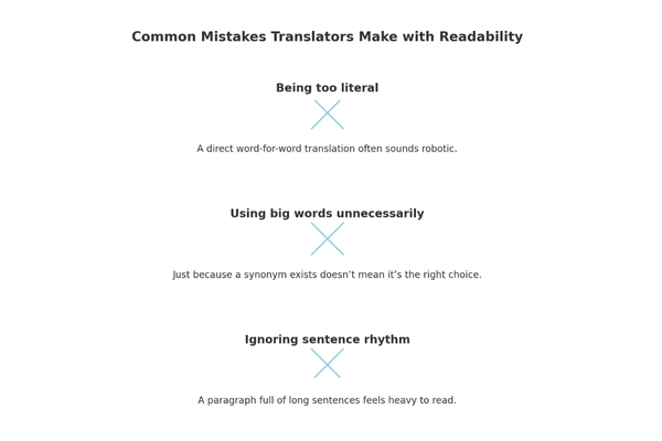 Infographic titled "Common Mistakes Translators Make with Readability" showing three key issues: being too literal, using big words unnecessarily, and ignoring sentence rhythm, each with brief explanations.