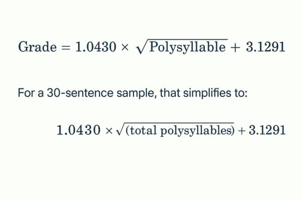 Image showing the SMOG Index formula "Grade = 1.0430 × √Polysyllable count + 3.1291" and its simplified form for 30 sentences: "1.0430 × √(total polysyllables) + 3.1291