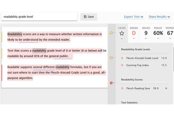 Example of Readable tool’s real-time feedback for improving writing clarity and readability