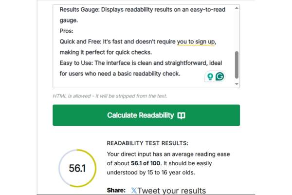 WebFX readability tool displaying readability results and score gauge.