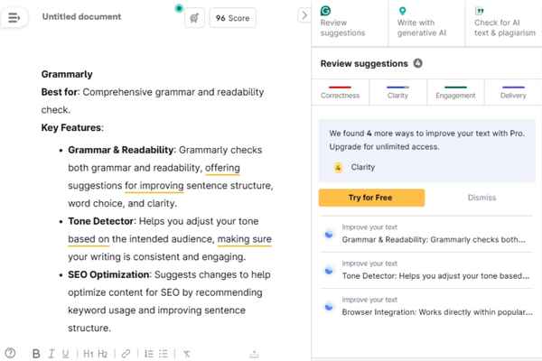 Grammarly interface showing grammar and readability improvements for content creators.