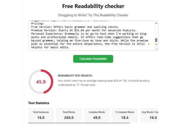 Digitaltcab readability test results showcasing multiple readability formulas.