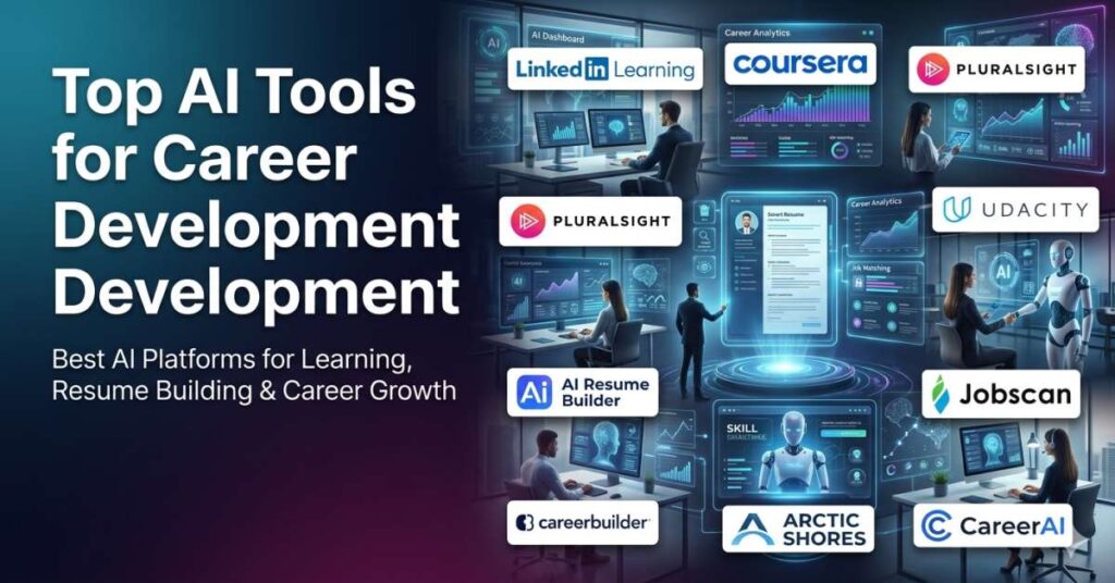 Futuristic featured image showing top AI tools for career development including LinkedIn Learning, Coursera, Udacity, Jobscan, Skillshare, CareerBuilder, and other AI-powered career growth platforms in a modern professional workspace.