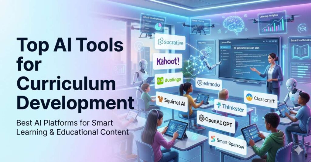 Futuristic featured image showing top AI tools for curriculum development including Kahoot, Duolingo, Socrative, OpenAI GPT, Squirrel AI, Smart Sparrow, and other AI-powered education platforms in a modern digital classroom environment.