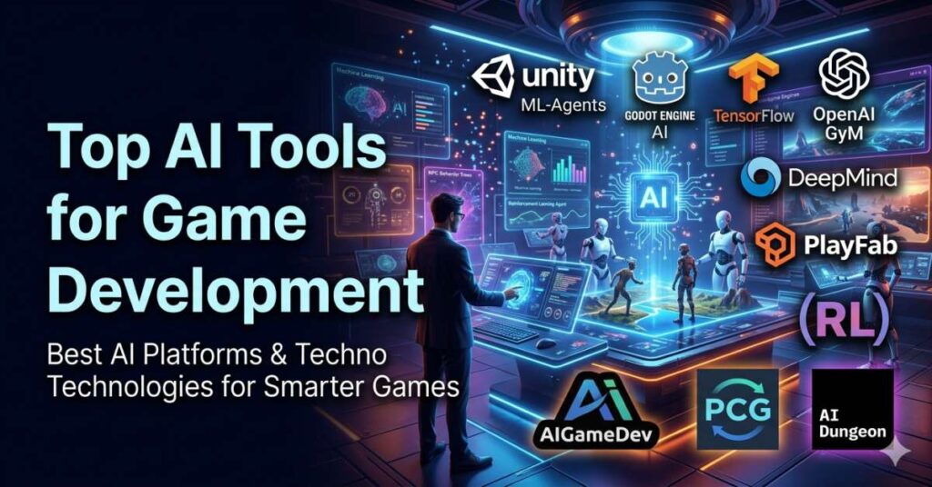 Futuristic gaming featured image showing top AI tools for game development including Unity ML-Agents, Godot Engine AI, TensorFlow, OpenAI Gym, DeepMind, PlayFab, AI Dungeon, and other AI technologies inside a modern cyberpunk game development environment.