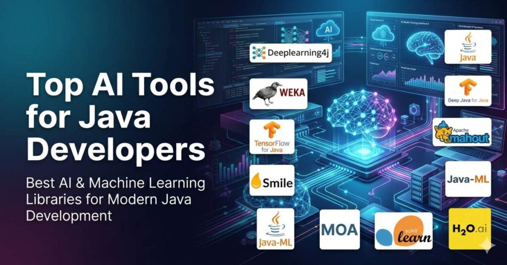 Futuristic featured image showing top AI tools for Java developers including Deeplearning4j, Weka, TensorFlow for Java, H2O.ai, Apache Mahout, and other machine learning libraries inside a modern enterprise coding and data analytics environment.