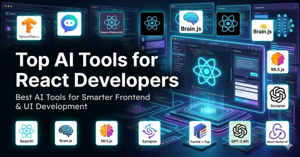 uturistic featured image showing top AI tools for React developers including TensorFlow.js, ML5.js, GPT-3 API, Brain.js, ReactAI, and other AI-powered frontend development tools in a modern React UI environment.