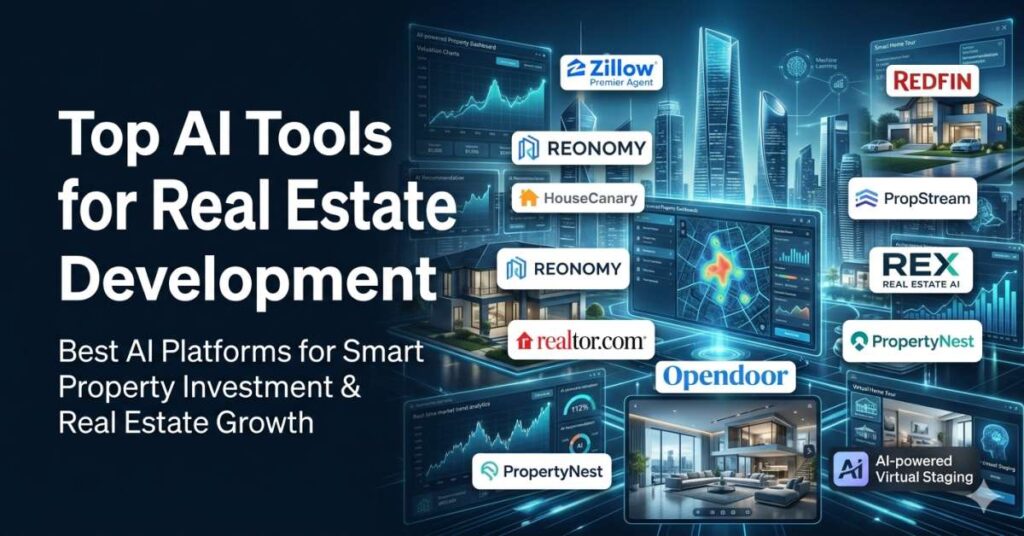 Futuristic featured image showing top AI tools for real estate development including Zillow Premier Agent, Redfin, Reonomy, HouseCanary, Opendoor, Realtor.com, and other AI-powered property technology platforms in a smart city environment.