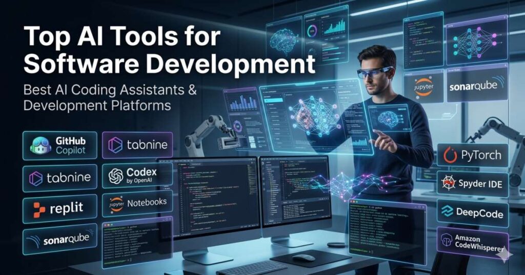 Futuristic featured image showing top AI tools for software development including GitHub Copilot, Tabnine, Codex, Replit, Jupyter Notebooks, SonarQube, PyTorch, Spyder IDE, DeepCode, and Amazon CodeWhisperer in a modern AI coding workspace.