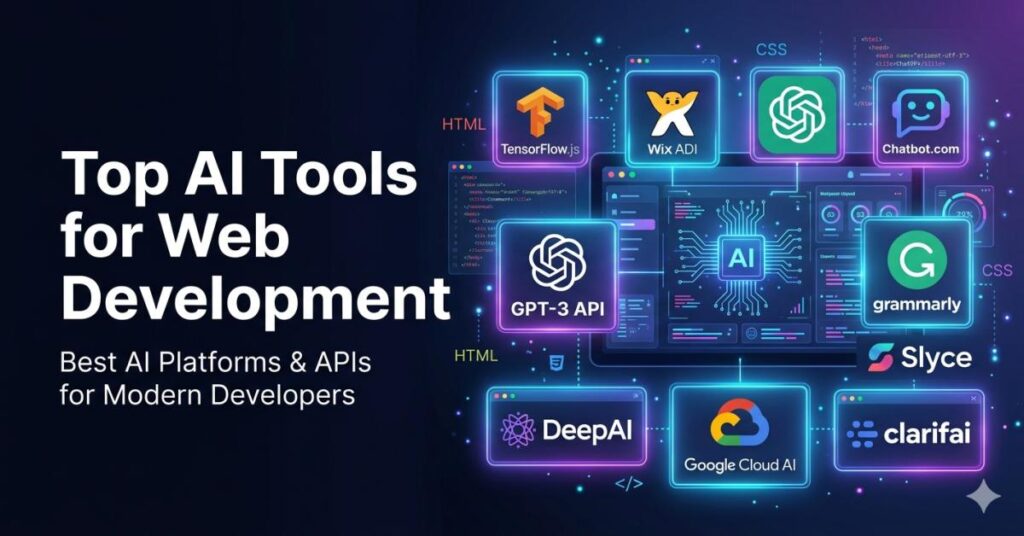 Featured image showing top AI tools for web development with official logos of ChatGPT, TensorFlow.js, Grammarly, DeepAI, Google Cloud AI, Clarifai, Wix ADI, and other AI platforms in a futuristic coding environment.