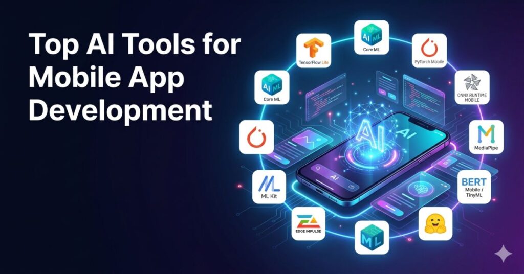 Futuristic illustration of a smartphone surrounded by AI tool logos like TensorFlow Lite, Core ML, PyTorch Mobile, ONNX Runtime, Google ML Kit, MediaPipe, Edge Impulse, Create ML, Hugging Face Transformers, and TinyML, representing top tools for mobile app development.