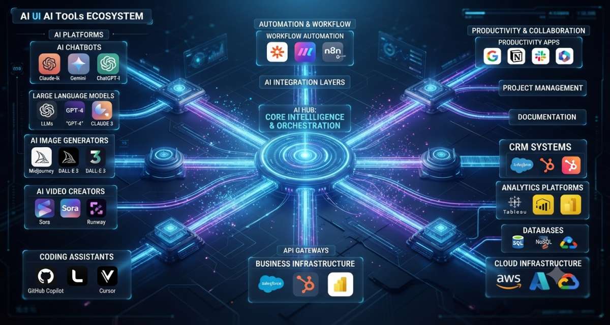 AI tools ecosystem structure connecting language models, automation platforms, productivity software, cloud services, APIs, and business applications through an intelligent AI network.