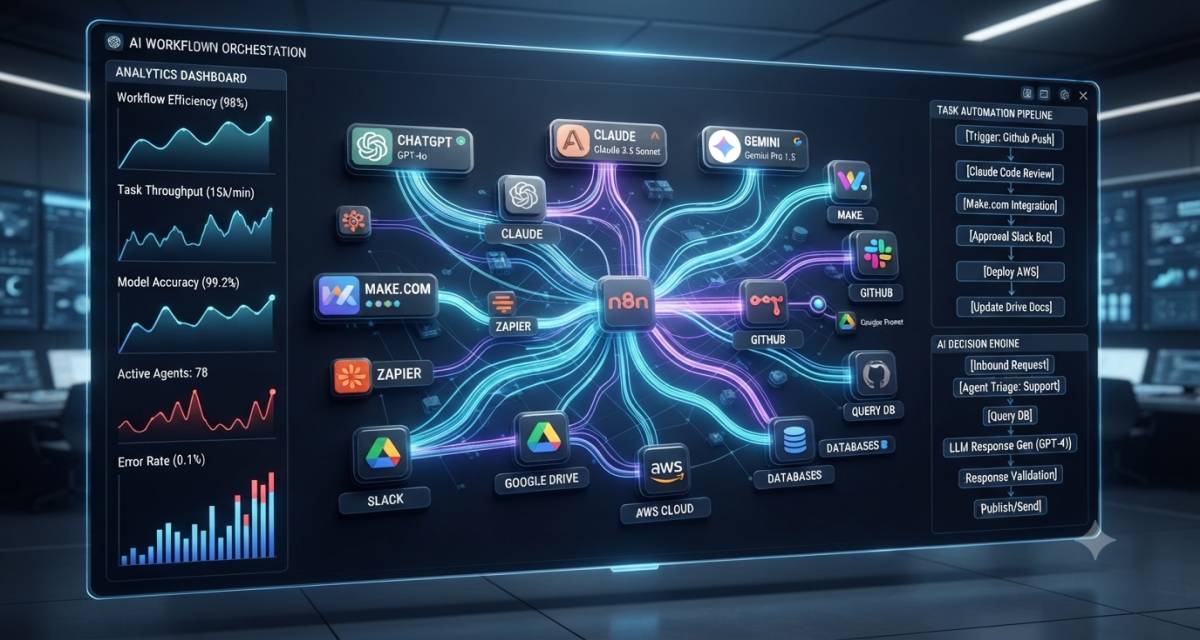 AI workflow orchestration system connecting multiple AI agents, APIs, automation platforms, and cloud services through intelligent workflows.