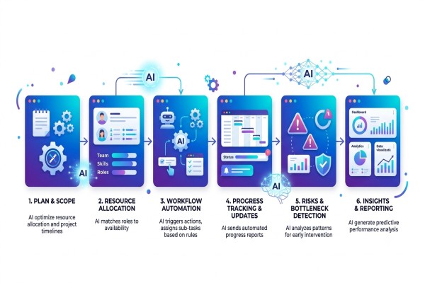 AI project management workflow infographic showing planning, task creation, tracking, risk detection, and reporting