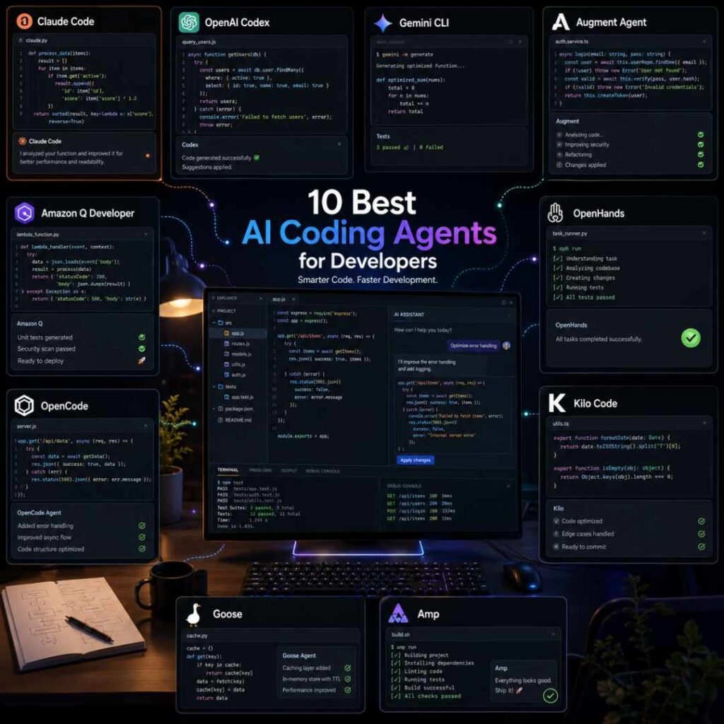 Ten AI coding agents for developers including Claude Code, OpenAI Codex, Gemini CLI, and OpenHands