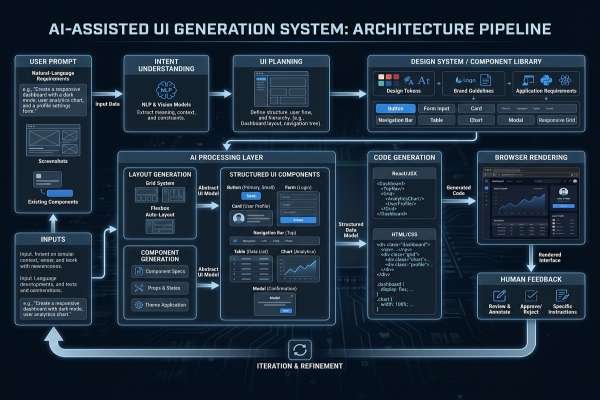 The complete workflow from user prompt and design system to AI-generated UI and rendered interface.