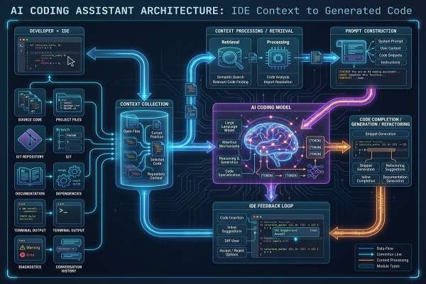 AI coding assistant architecture diagram from IDE context to code generation