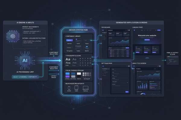 AI-assisted UI generation using reusable design system components and design tokens