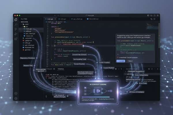 AI coding assistant analyzing IDE code, files, dependencies, and project context